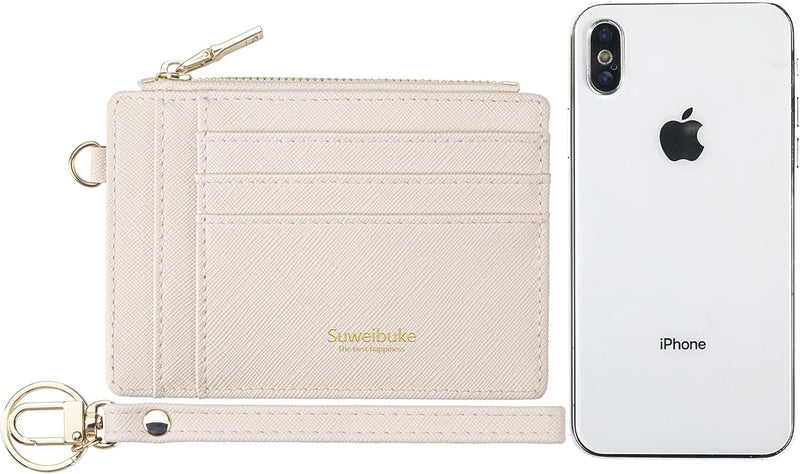 Wikavanli Women Slim Rfid Blocking Credit Card Case Holder Wristlet Zip ID Case Wallet Small Compact Leather Wallet Coin Purse with Keychain (Beige) - Image 3